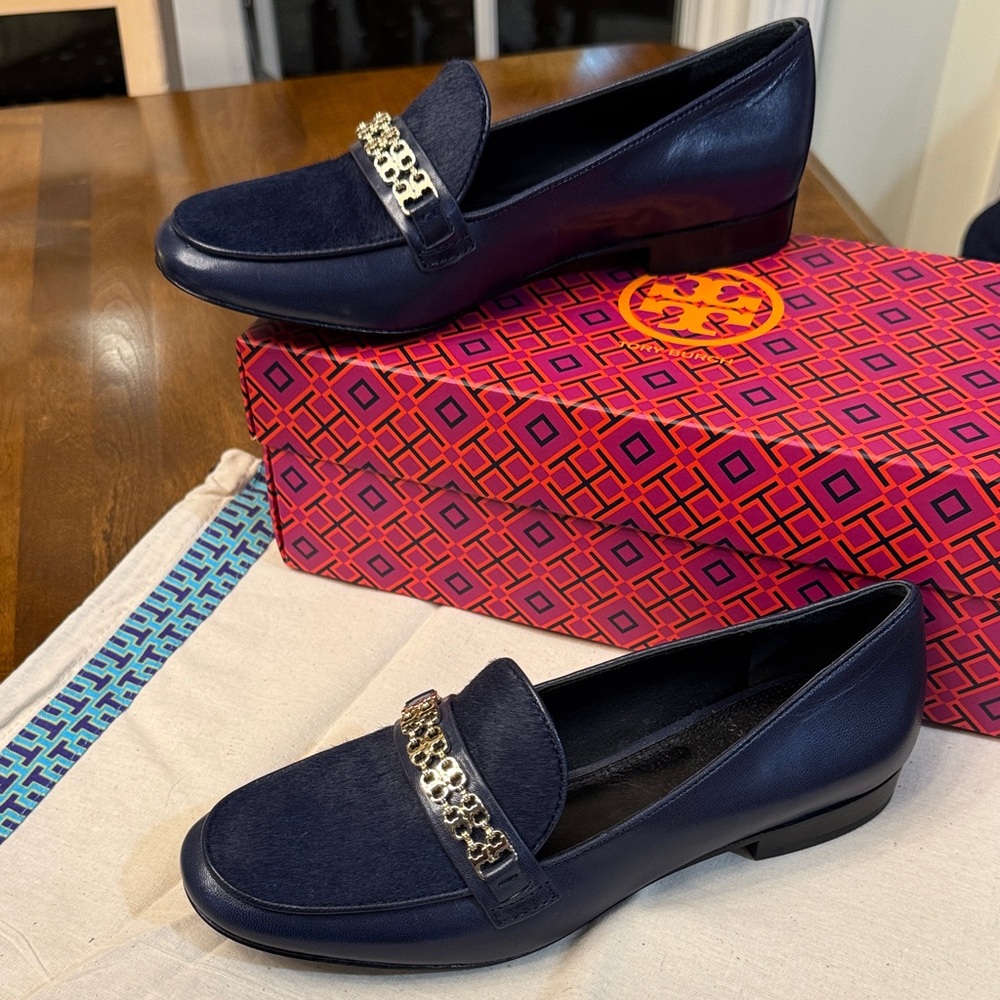 Tory Burch Royal Navy Gemini Leather/Brushed Hair  Loafers with Gold Detail - Picture 5 of 9